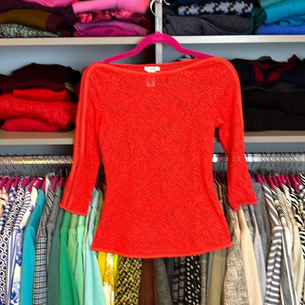 Cache red 3/4 quarter length sleeve lace boat neck top size XS